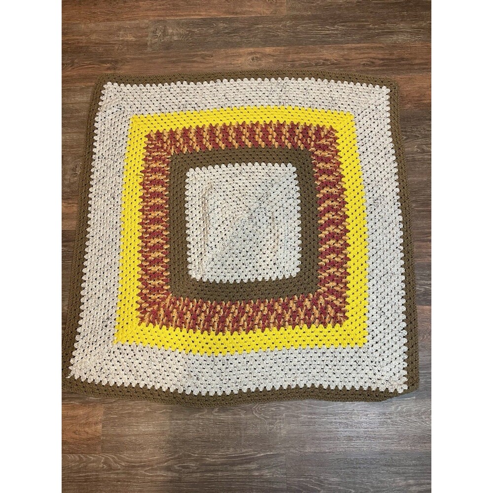 Vintage Handmade Crochet Granny Square Throw Blanket 70s Retro Boho